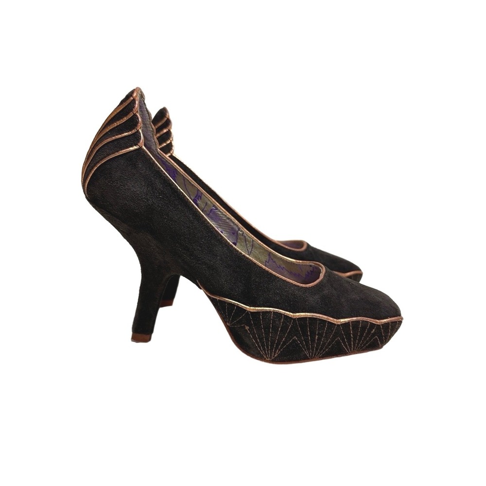 Irregular Choice Brown Suede Gold‎ Trim Art Deco Platform Stiletto Heels Pumps 5